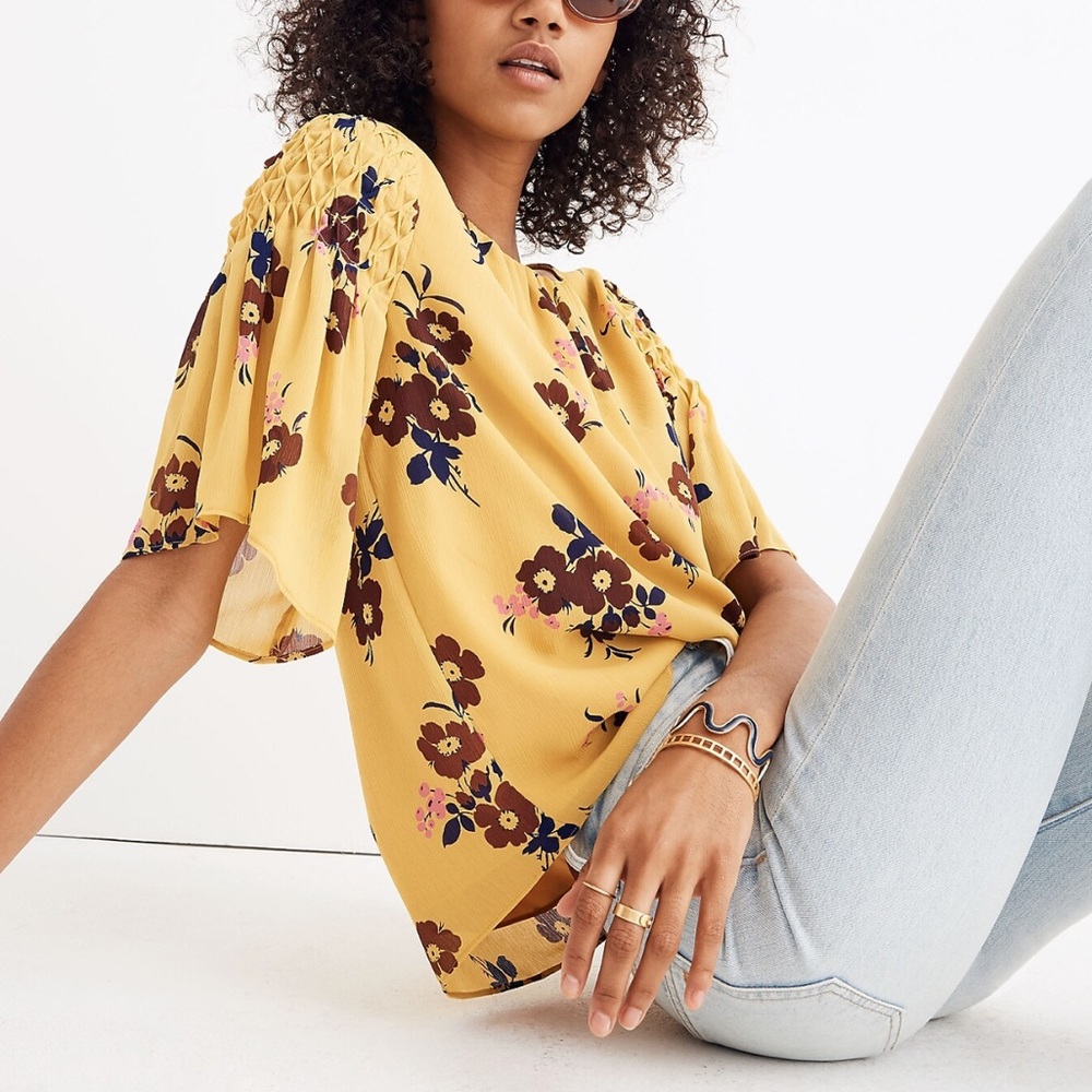 Madewell Pleated Yellow Gold Floral Cascade Top in Retro Bouquet
